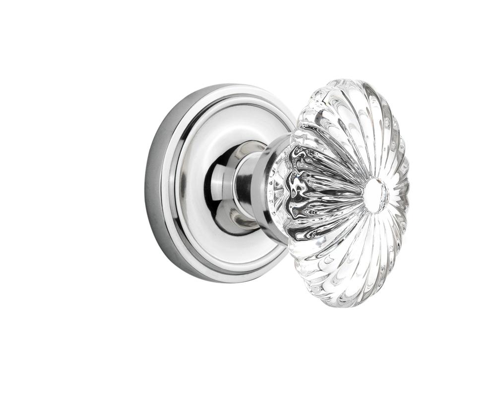 Nostalgic Warehouse Classic Rosette Passage Oval Fluted Crystal Glass Door Knob in Bright Chrome