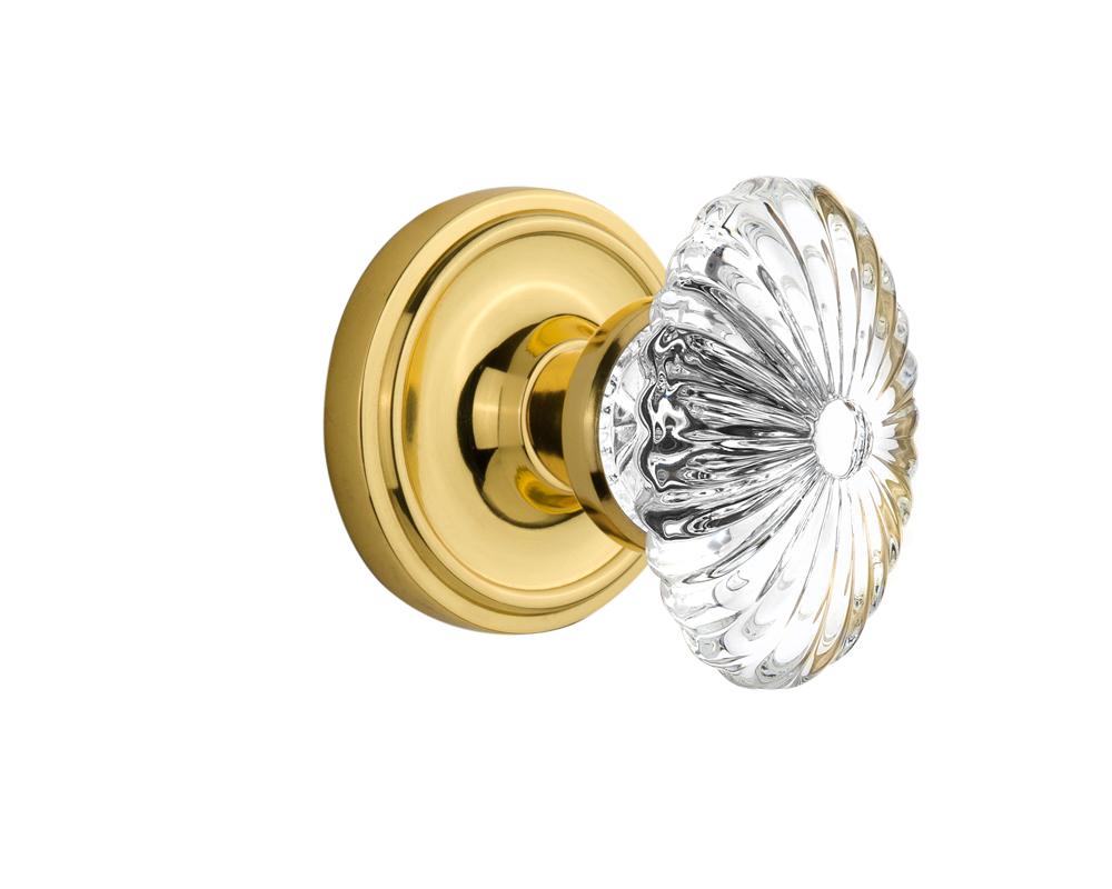 Nostalgic Warehouse Classic Rosette Passage Oval Fluted Crystal Glass Door Knob in Polished Brass