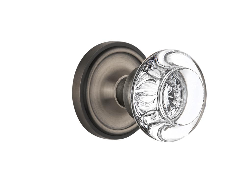 Nostalgic Warehouse Classic Rosette Passage Round Clear Crystal Glass Door Knob in Antique Pewter