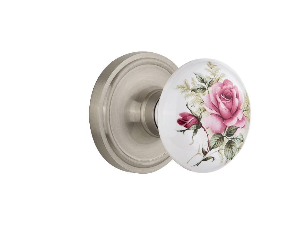 Nostalgic Warehouse Classic Rosette Passage White Rose Porcelain Door Knob in Satin Nickel