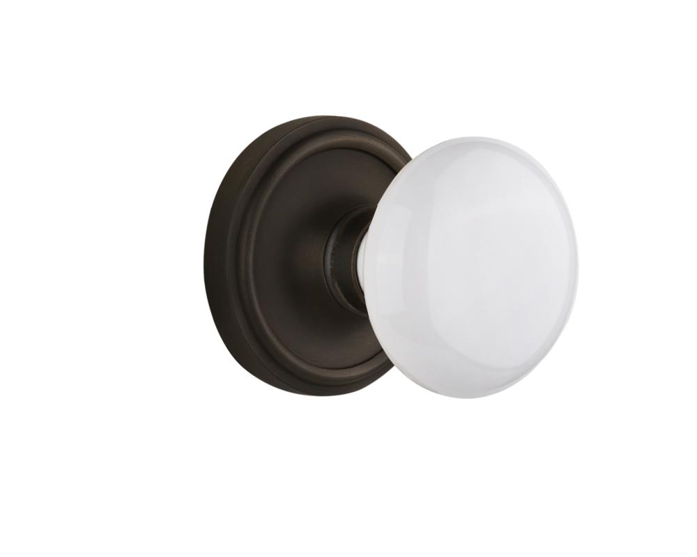 Nostalgic Warehouse Classic Rosette Passage White Porcelain Door Knob in Oil-Rubbed Bronze