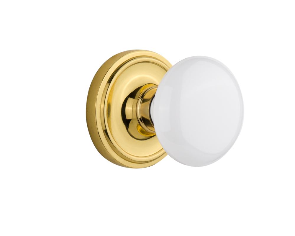 Nostalgic Warehouse Classic Rosette Passage White Porcelain Door Knob in Polished Brass