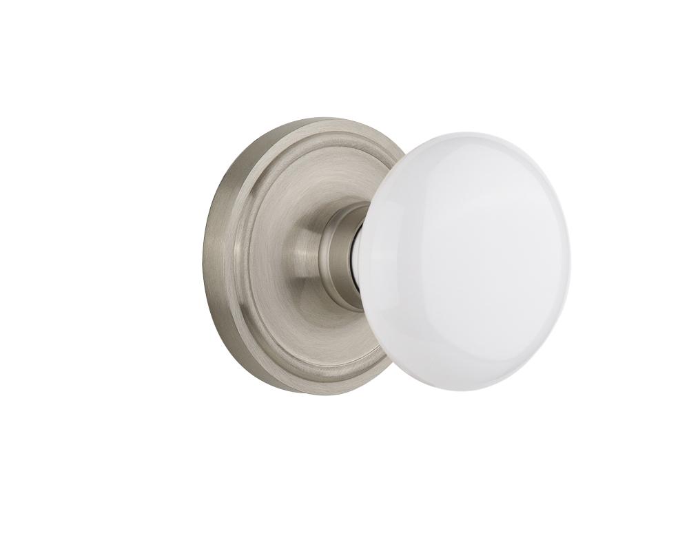 Nostalgic Warehouse Classic Rosette Passage White Porcelain Door Knob in Satin Nickel