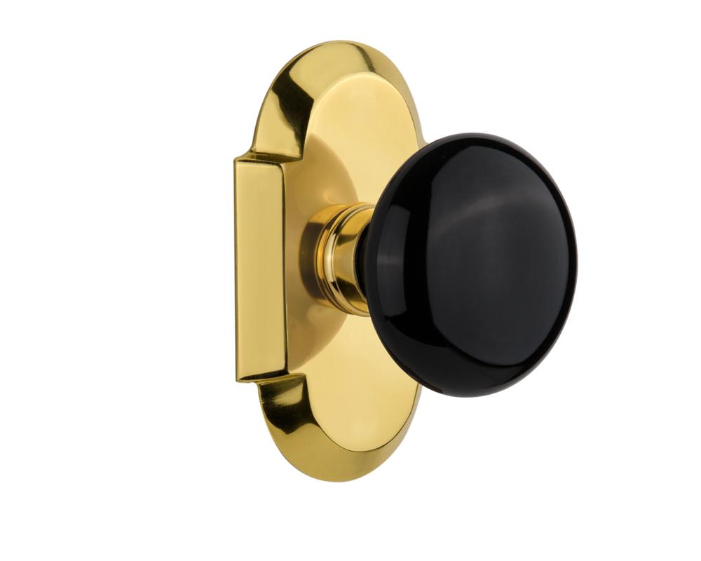 Nostalgic Warehouse Cottage Plate Passage Black Porcelain Door Knob in Polished Brass