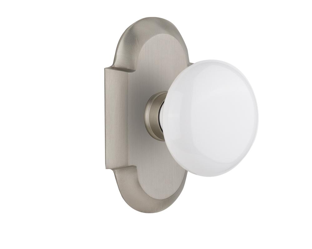 Nostalgic Warehouse Cottage Plate Passage White Porcelain Door Knob in Satin Nickel