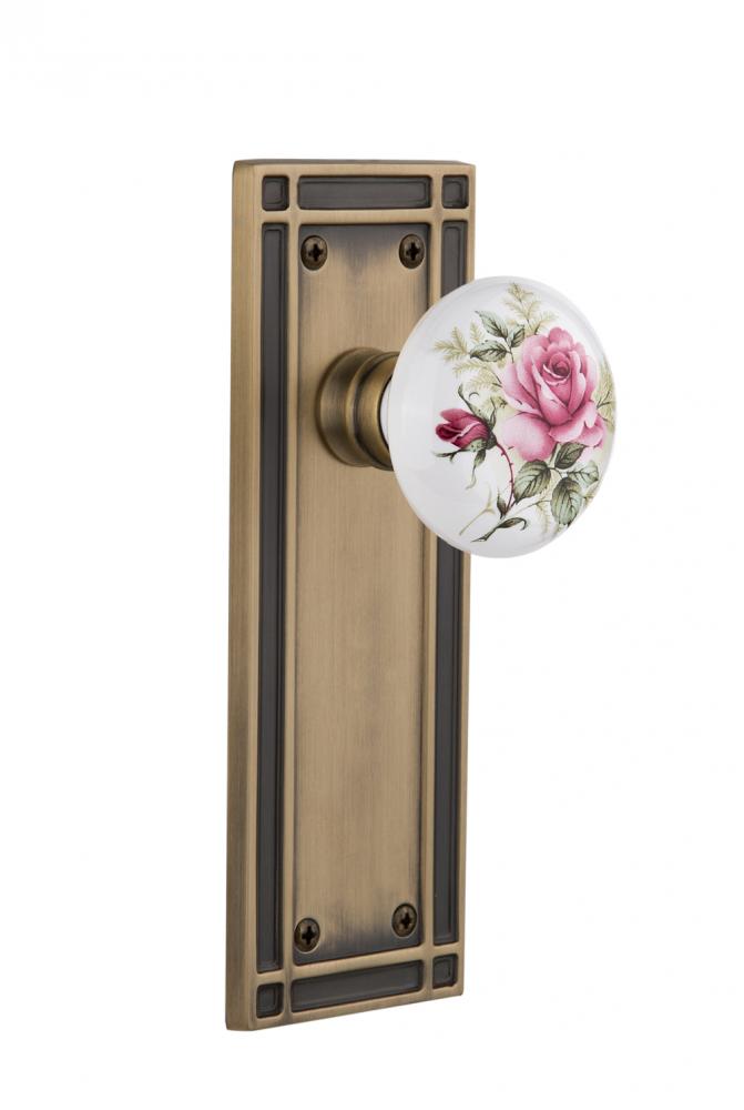Nostalgic Warehouse Mission Plate Passage White Rose Porcelain Door Knob in Antique Brass