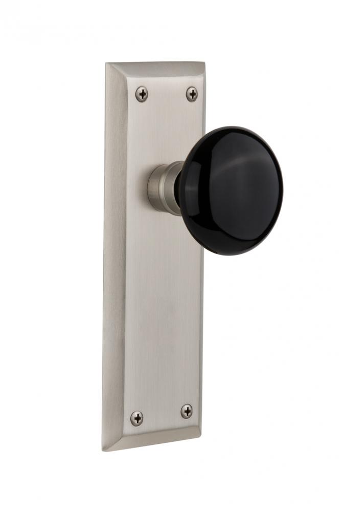 Nostalgic Warehouse New York Plate Passage Black Porcelain Door Knob in Satin Nickel