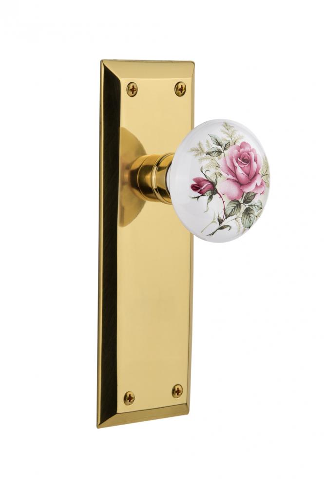 Nostalgic Warehouse New York Plate Passage White Rose Porcelain Door Knob in Unlacquered Brass