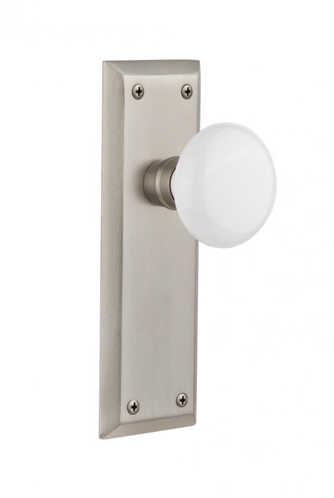 Nostalgic Warehouse New York Plate Passage White Porcelain Door Knob in Satin Nickel