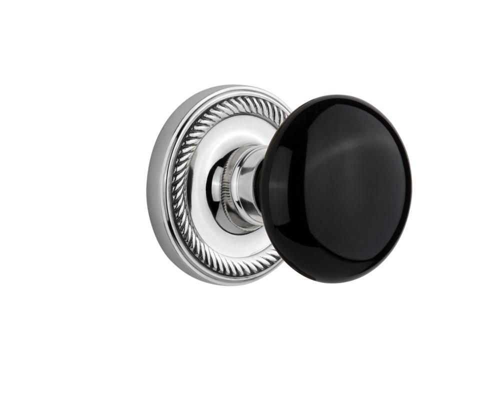 Nostalgic Warehouse Rope Rosette Passage Black Porcelain Door Knob in Bright Chrome