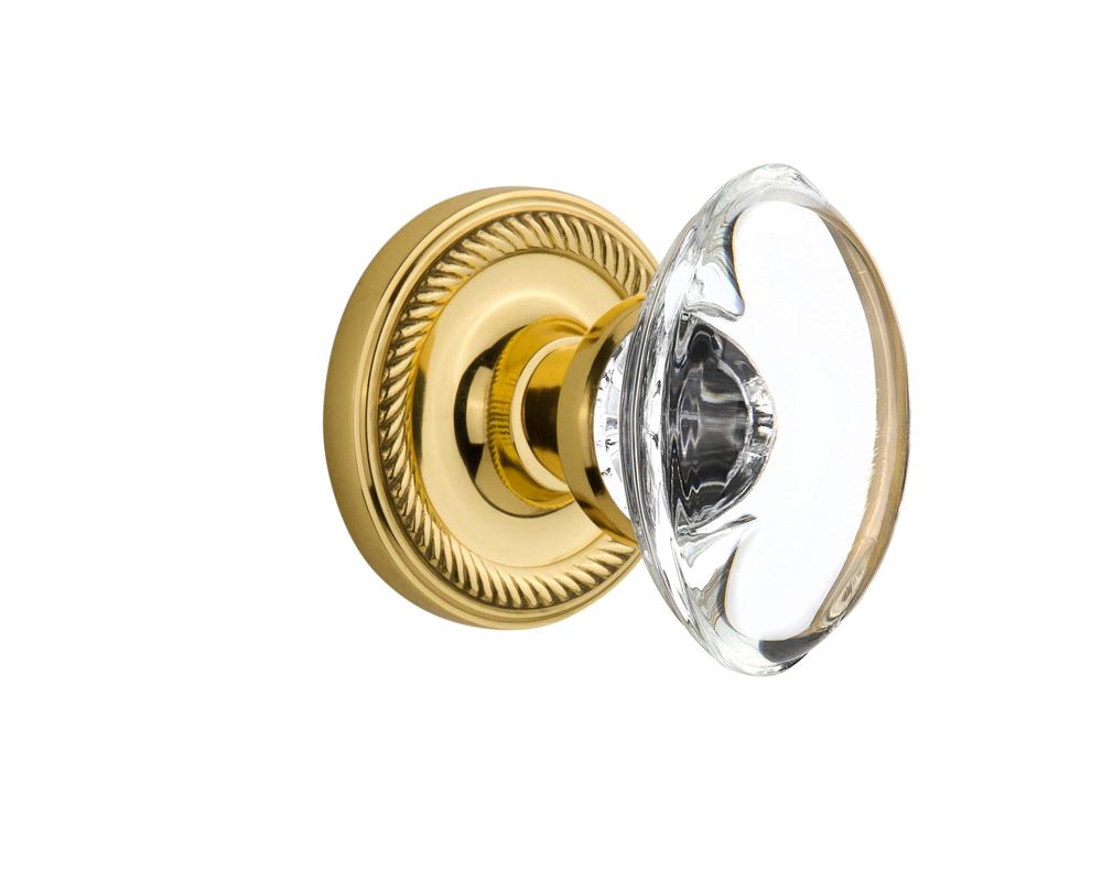 Nostalgic Warehouse Rope Rosette Passage Oval Clear Crystal Glass Door Knob in Polished Brass