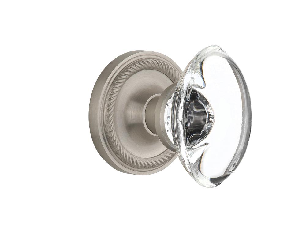 Nostalgic Warehouse Rope Rosette Passage Oval Clear Crystal Glass Door Knob in Satin Nickel