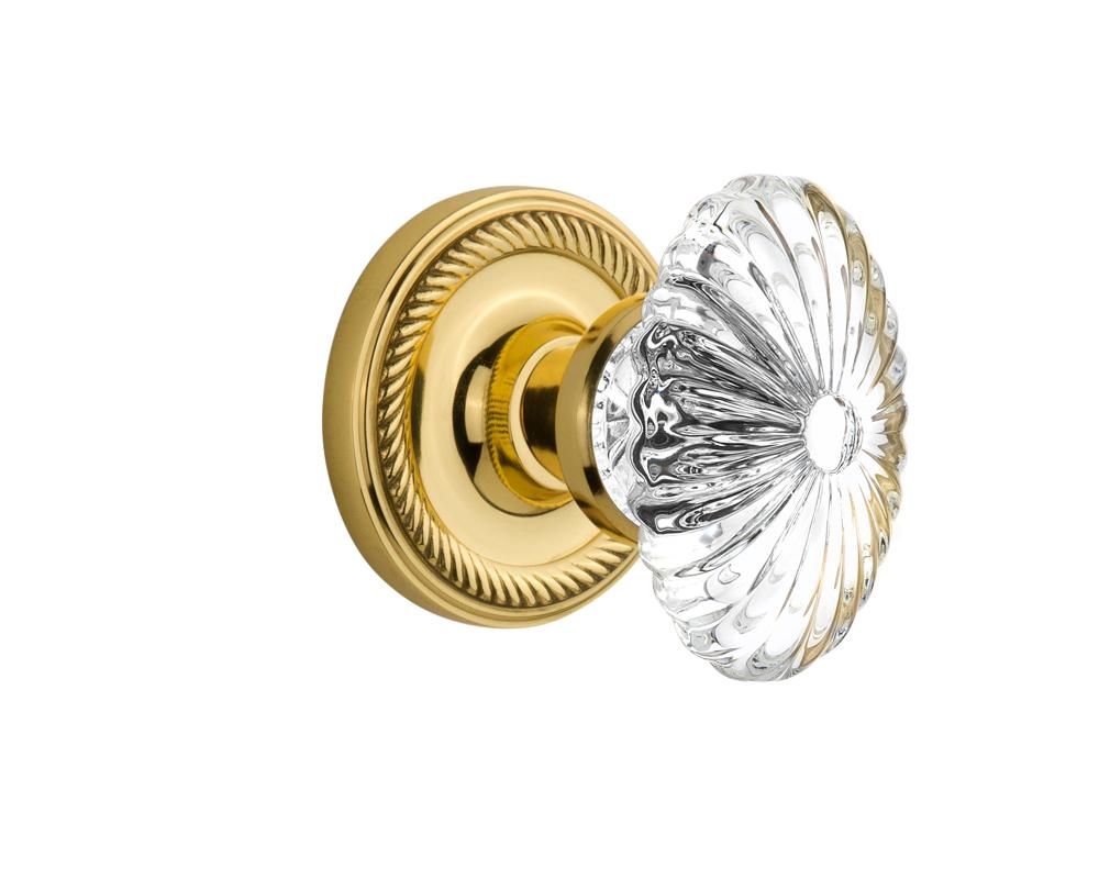 Nostalgic Warehouse Rope Rosette Passage Oval Fluted Crystal Glass Door Knob in Polished Brass