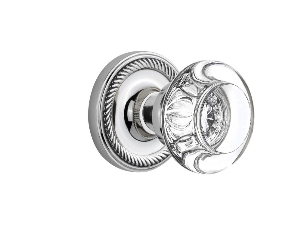 Nostalgic Warehouse Rope Rosette Passage Round Clear Crystal Glass Door Knob in Bright Chrome