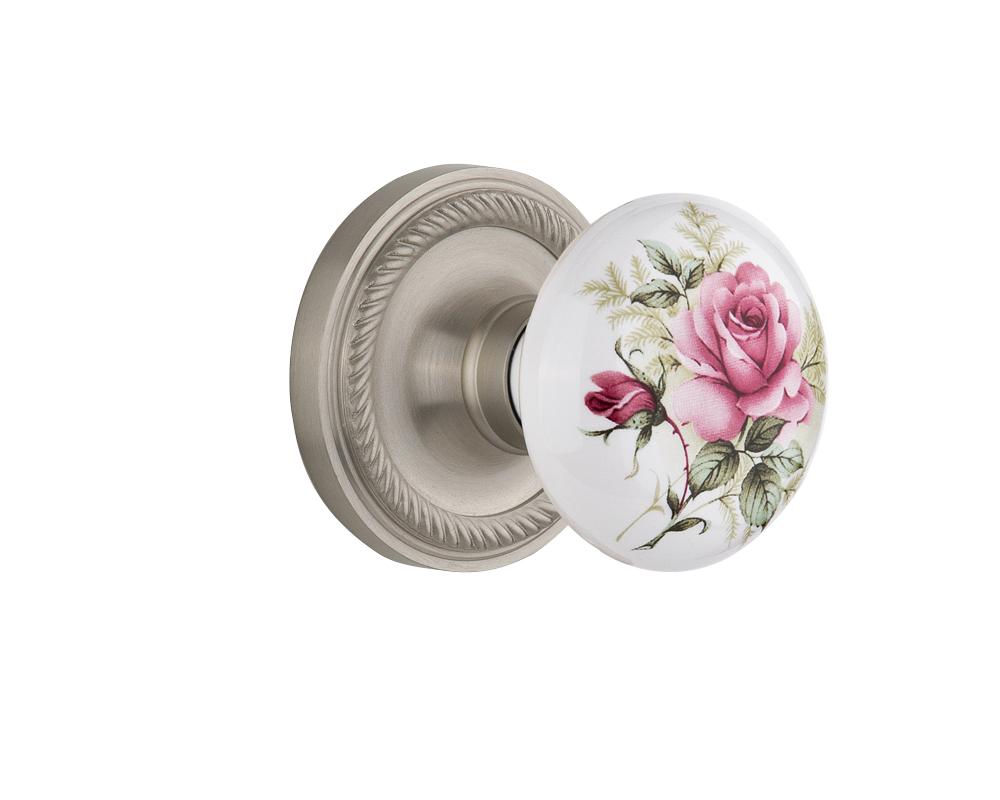 Nostalgic Warehouse Rope Rosette Passage White Rose Porcelain Door Knob in Satin Nickel