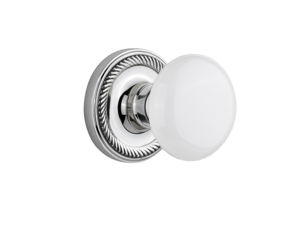 Nostalgic Warehouse Rope Rosette Passage White Porcelain Door Knob in Bright Chrome