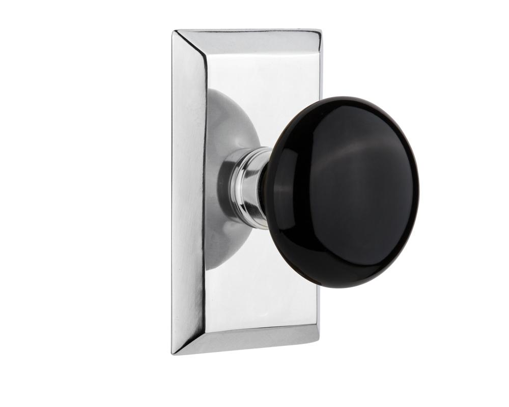 Nostalgic Warehouse Studio Plate Passage Black Porcelain Door Knob in Bright Chrome