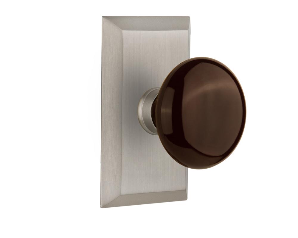 Nostalgic Warehouse Studio Plate Passage Brown Porcelain Door Knob in Satin Nickel