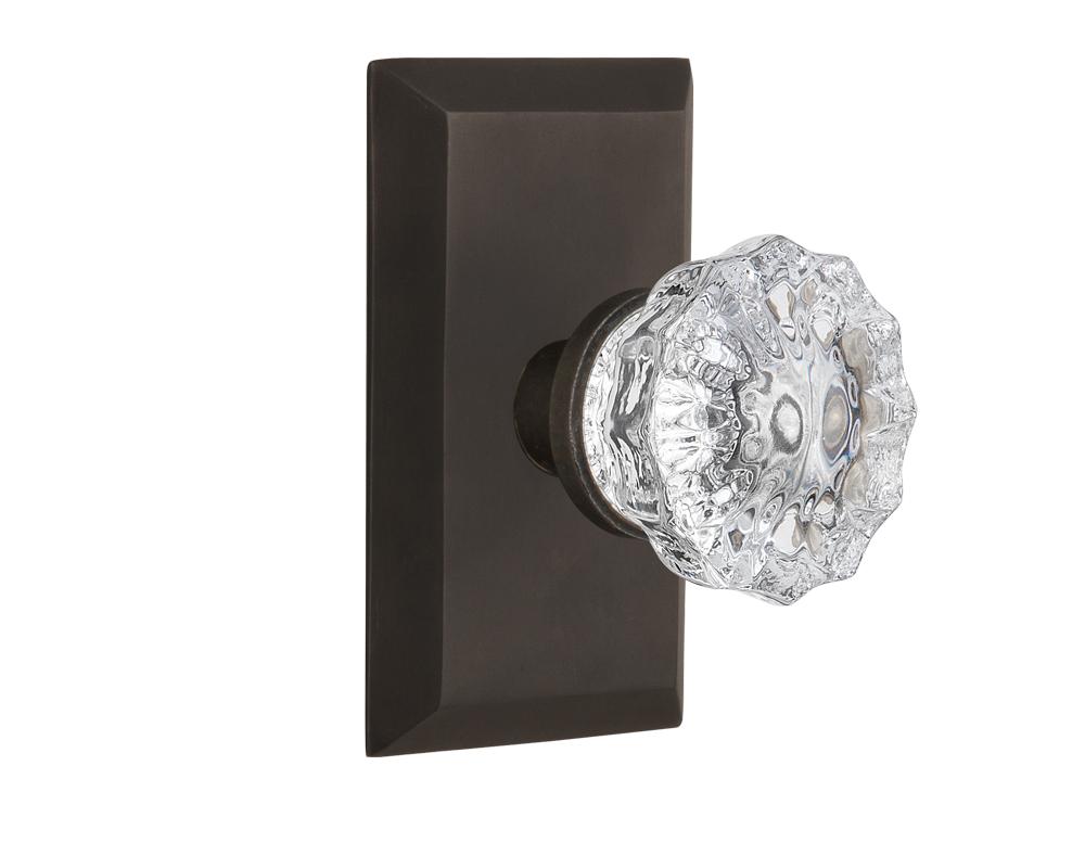 Nostalgic Warehouse Studio Plate Passage Crystal Glass Door Knob in Oil-Rubbed Bronze