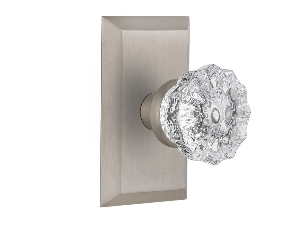 Nostalgic Warehouse Studio Plate Passage Crystal Glass Door Knob in Satin Nickel