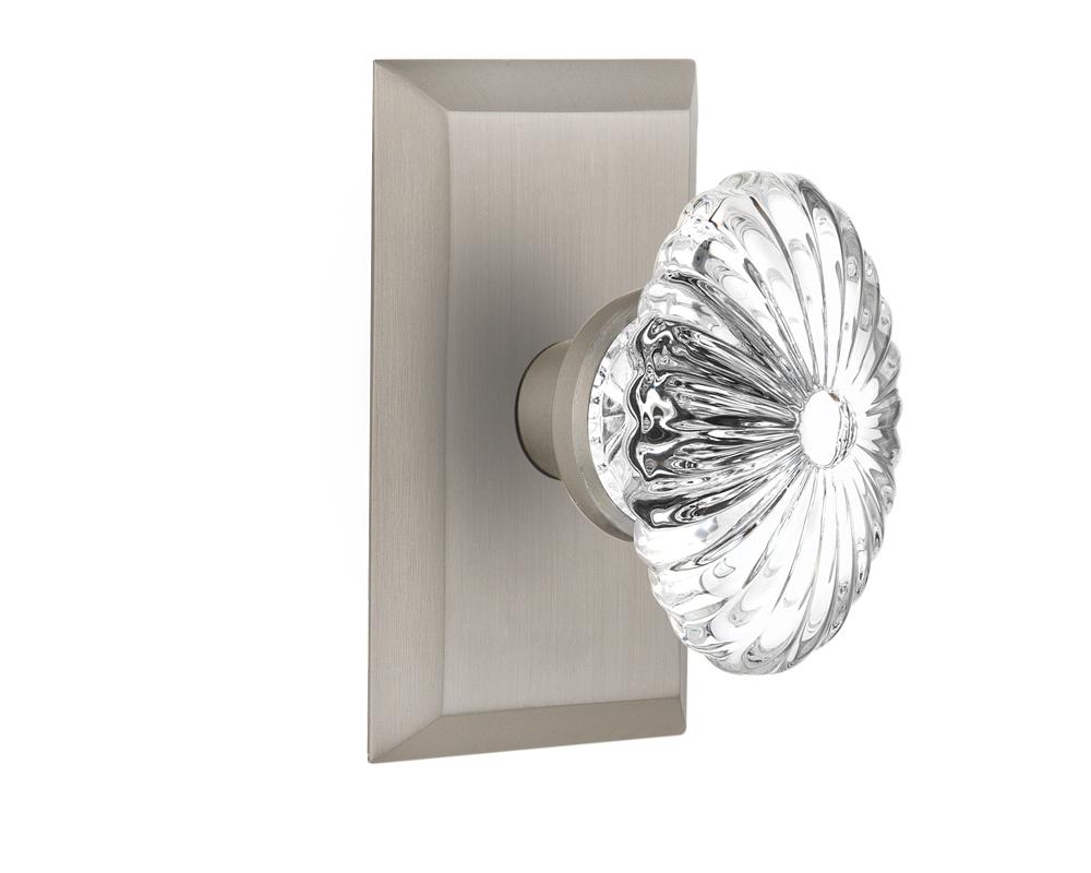 Nostalgic Warehouse Studio Plate Passage Oval Fluted Crystal Glass Door Knob in Satin Nickel