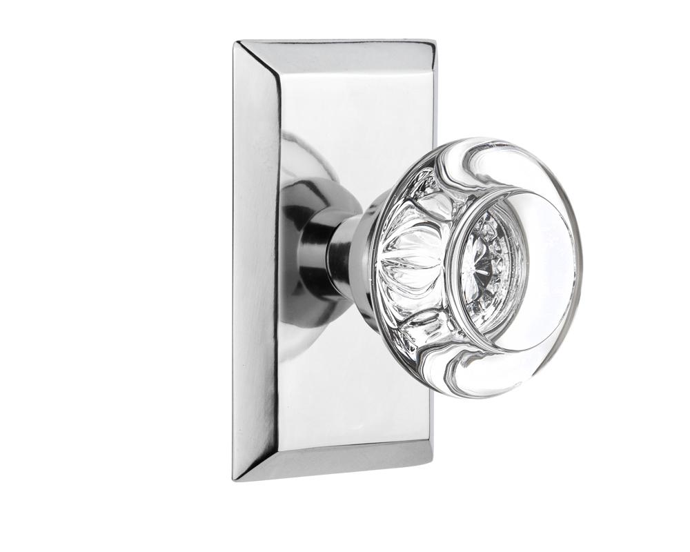 Nostalgic Warehouse Studio Plate Passage Round Clear Crystal Glass Door Knob in Bright Chrome