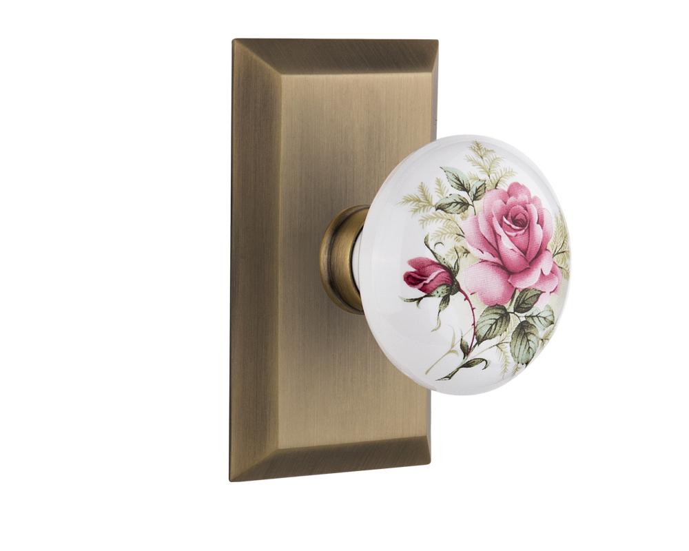 Nostalgic Warehouse Studio Plate Passage White Rose Porcelain Door Knob in Antique Brass