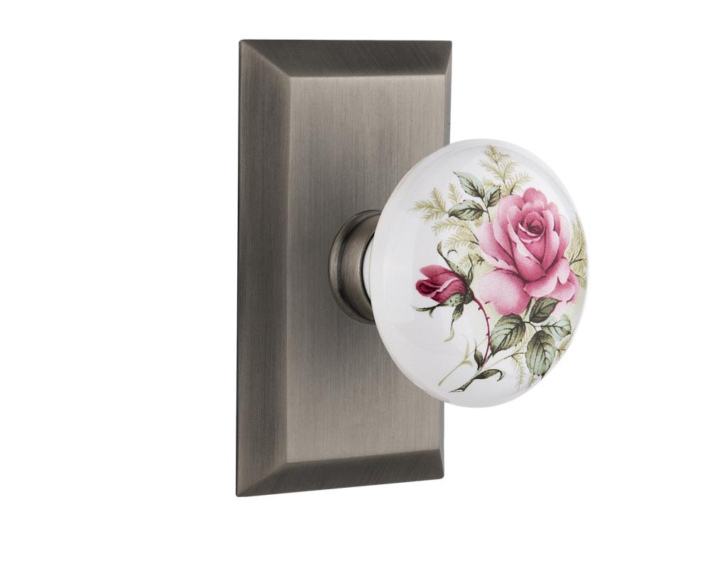 Nostalgic Warehouse Studio Plate Passage White Rose Porcelain Door Knob in Antique Pewter