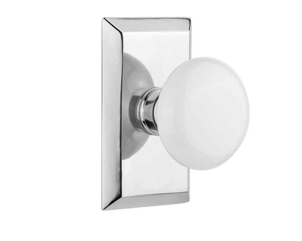 Nostalgic Warehouse Studio Plate Passage White Porcelain Door Knob in Bright Chrome