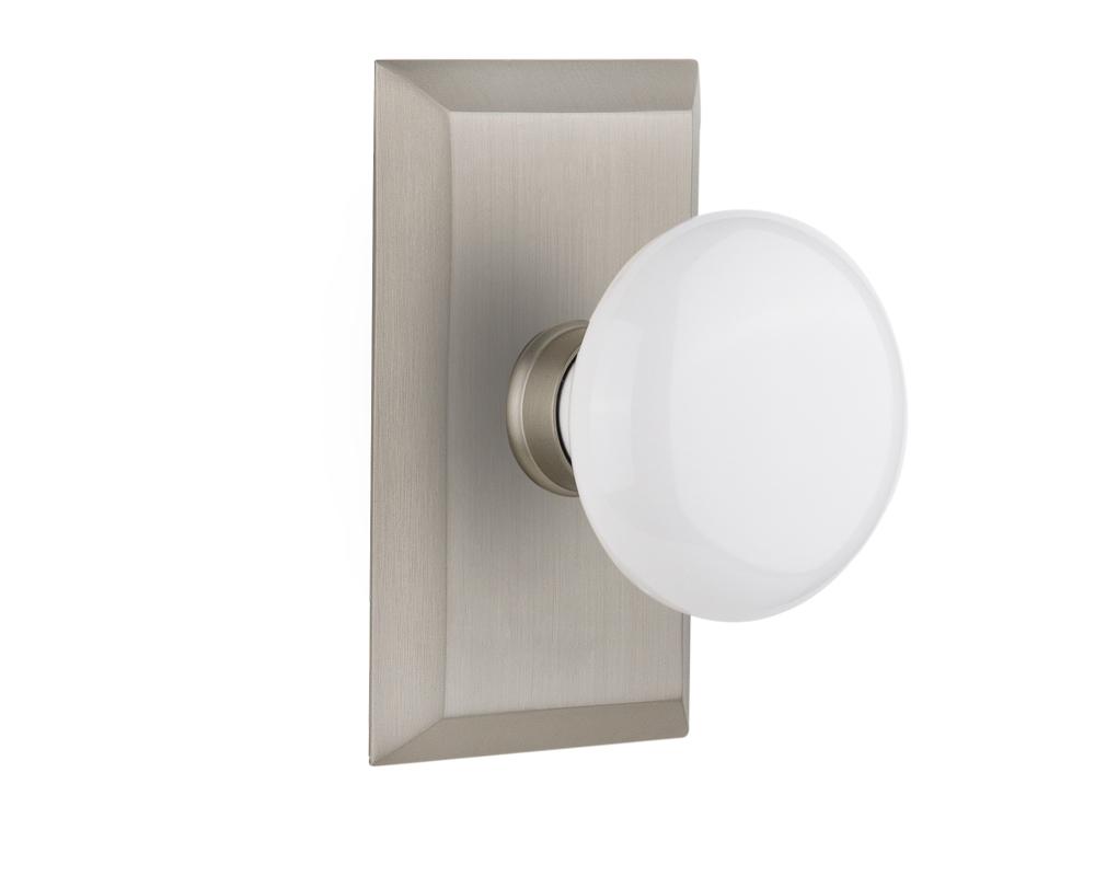 Nostalgic Warehouse Studio Plate Passage White Porcelain Door Knob in Satin Nickel