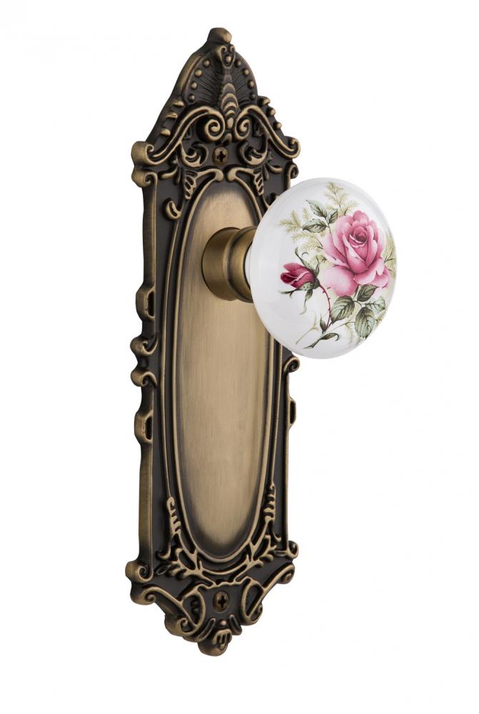 Nostalgic Warehouse Victorian Plate Passage White Rose Porcelain Door Knob in Antique Brass