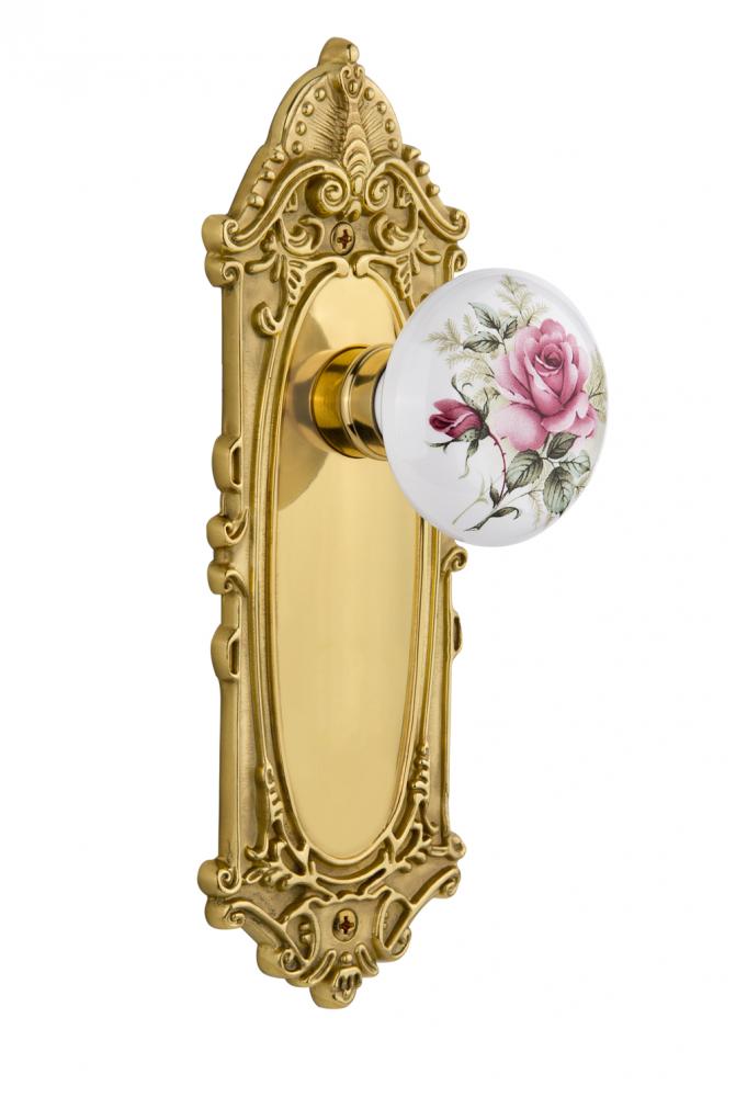 Nostalgic Warehouse Victorian Plate Passage White Rose Porcelain Door Knob in Unlacquered Brass