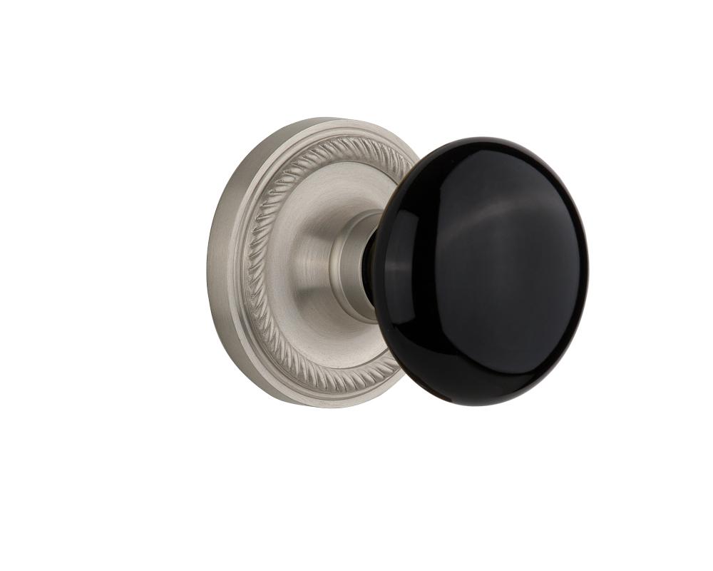 Nostalgic Warehouse Rope Rosette Passage Black Porcelain Door Knob in Satin Nickel