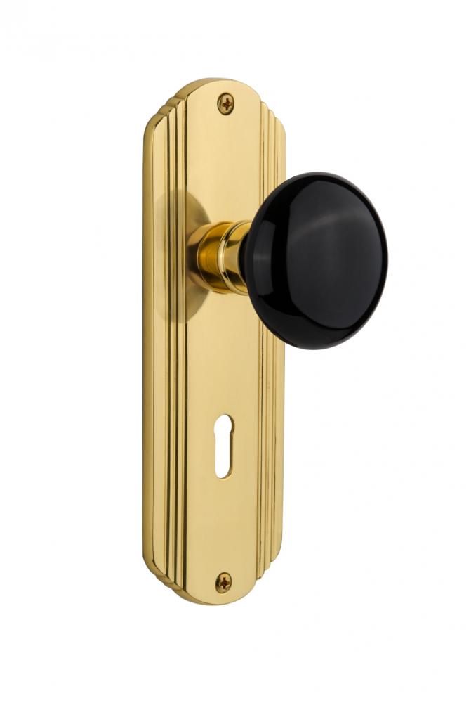 Nostalgic Warehouse Deco Plate with Keyhole Passage Black Porcelain Door Knob in Polished Brass