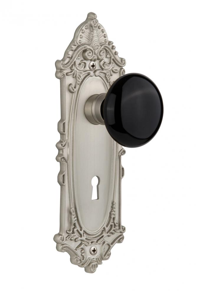 Nostalgic Warehouse Victorian Plate with Keyhole Passage Black Porcelain Door Knob in Satin Nickel