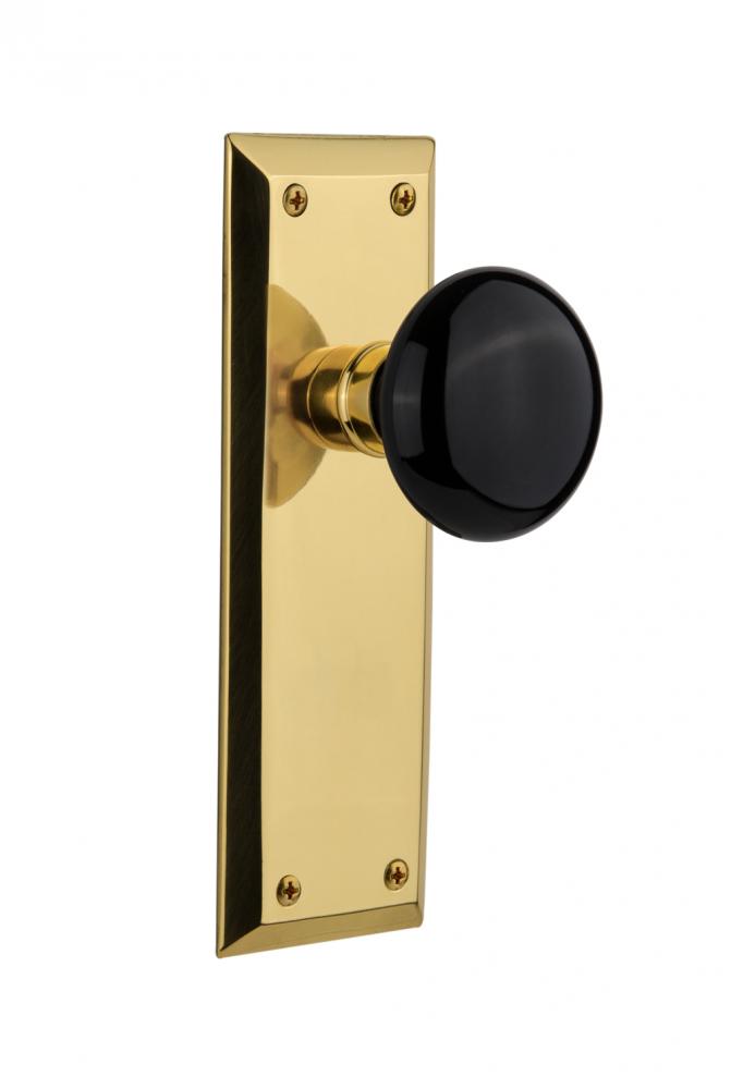 Nostalgic Warehouse New York Plate Double Dummy Black Porcelain Door Knob in Polished Brass