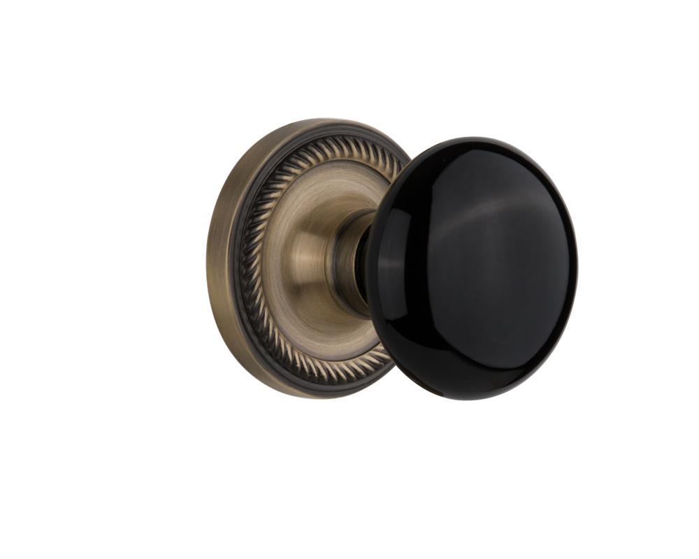 Nostalgic Warehouse Rope Rosette Double Dummy Black Porcelain Door Knob in Antique Brass