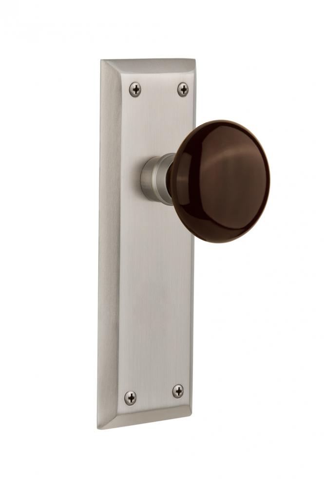 Nostalgic Warehouse New York Plate Passage Brown Porcelain Door Knob in Satin Nickel