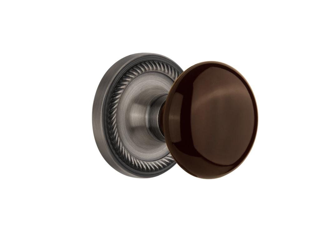 Nostalgic Warehouse Rope Rosette Passage Brown Porcelain Door Knob in Antique Pewter
