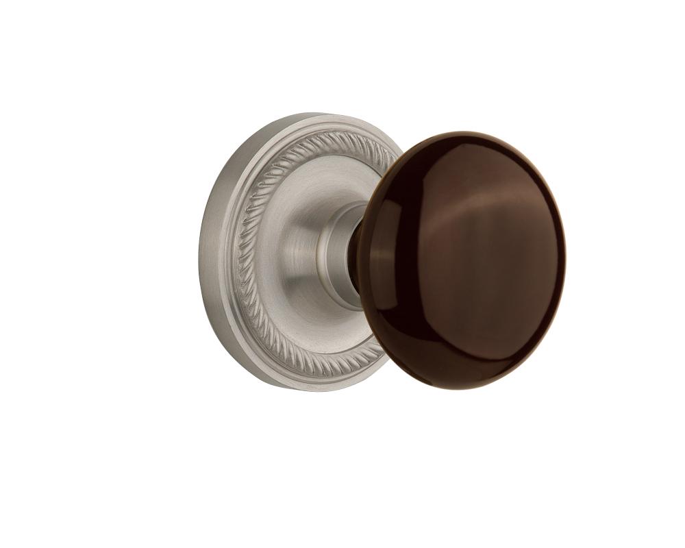 Nostalgic Warehouse Rope Rosette Passage Brown Porcelain Door Knob in Satin Nickel