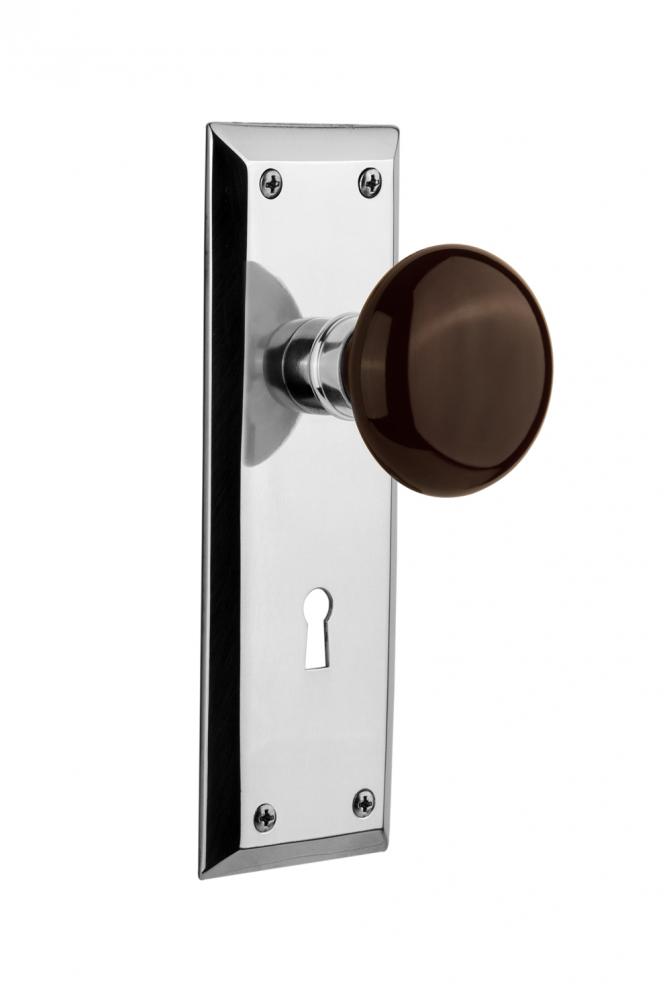 Nostalgic Warehouse New York Plate with Keyhole Passage Brown Porcelain Door Knob in Bright Chrome