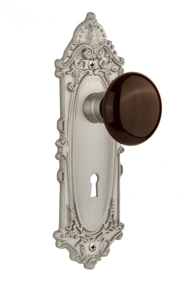 Nostalgic Warehouse Victorian Plate with Keyhole Passage Brown Porcelain Door Knob in Satin Nickel