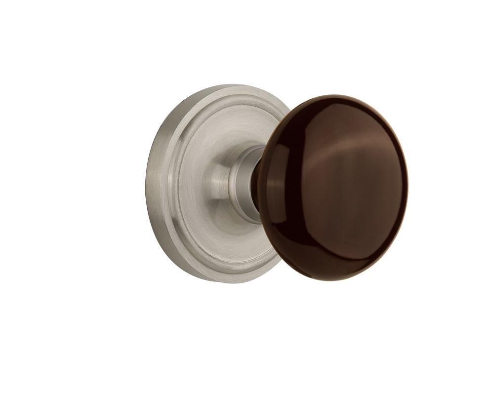 Nostalgic Warehouse Classic Rosette Single Dummy Brown Porcelain Door Knob in Satin Nickel