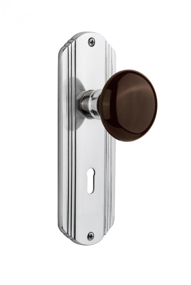 Nostalgic Warehouse Deco Plate Interior Mortise Brown Porcelain Door Knob in Bright Chrome