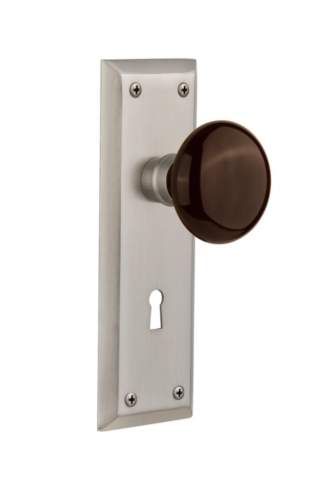 Nostalgic Warehouse New York Plate Interior Mortise Brown Porcelain Door Knob in Satin Nickel