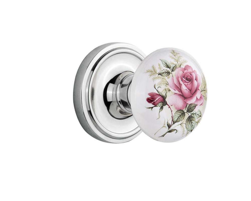 Nostalgic Warehouse Classic Rosette Passage White Rose Porcelain Door Knob in Bright Chrome