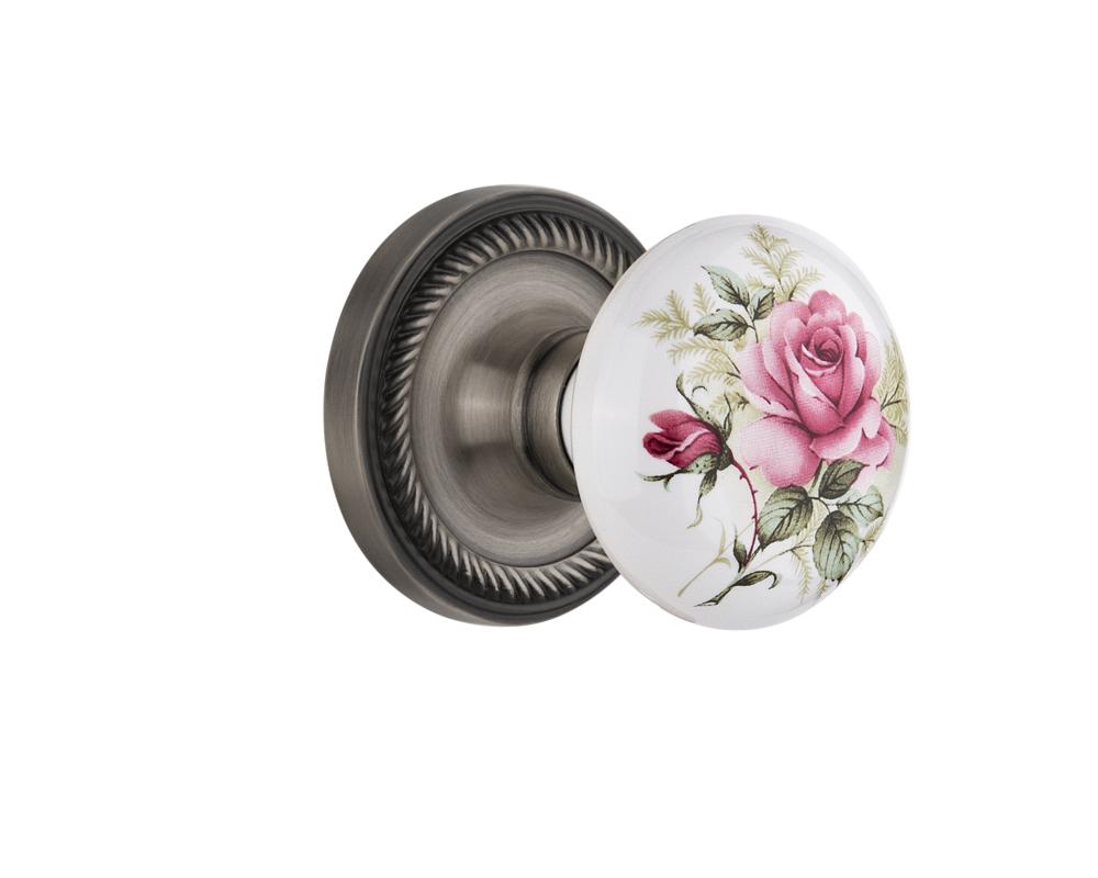 Nostalgic Warehouse Rope Rosette Passage White Rose Porcelain Door Knob in Antique Pewter