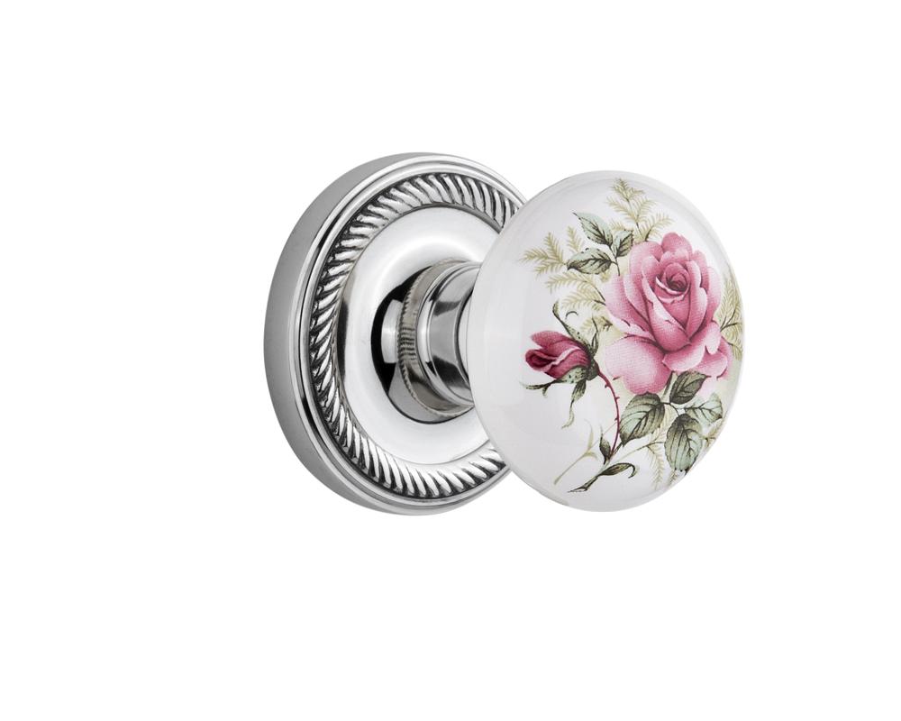 Nostalgic Warehouse Rope Rosette Passage White Rose Porcelain Door Knob in Bright Chrome