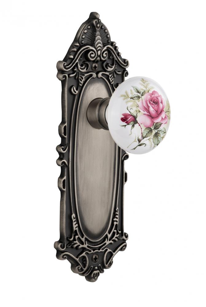 Nostalgic Warehouse Victorian Plate Passage White Rose Porcelain Door Knob in Antique Pewter