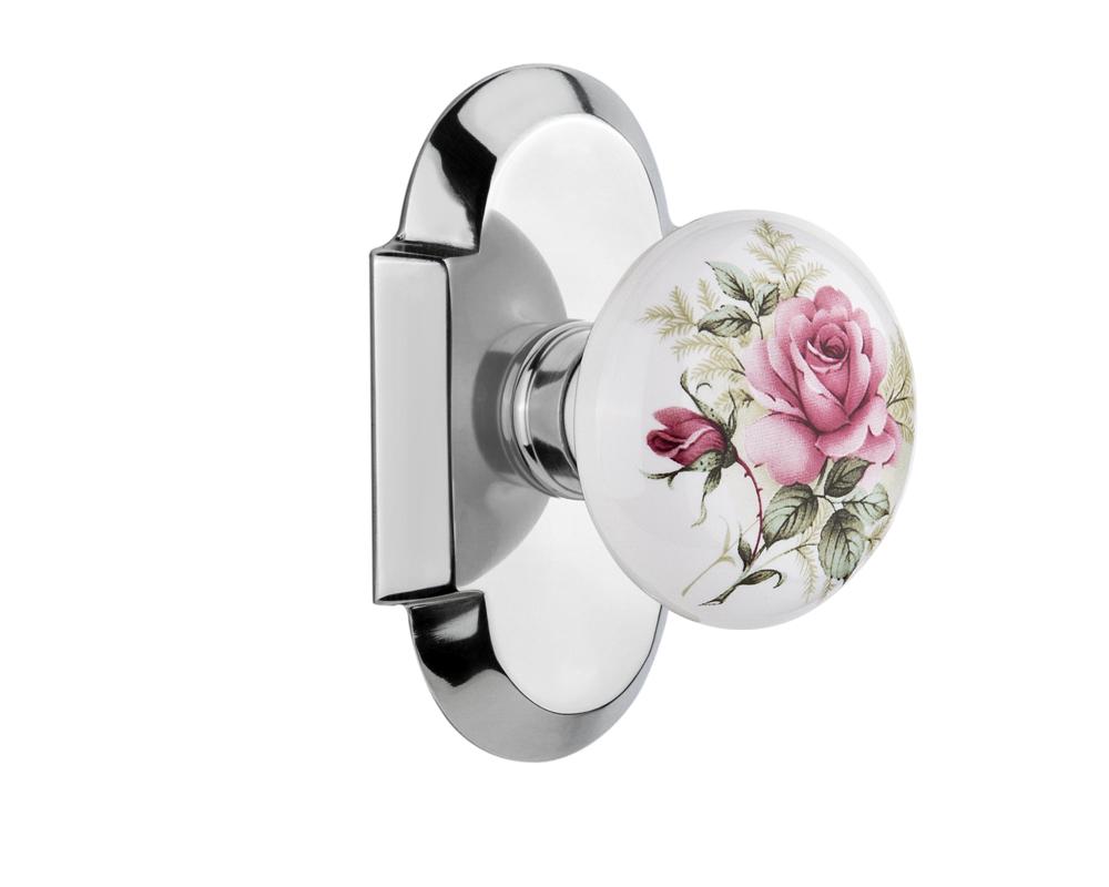 Nostalgic Warehouse Cottage Plate Passage White Rose Porcelain Door Knob in Bright Chrome